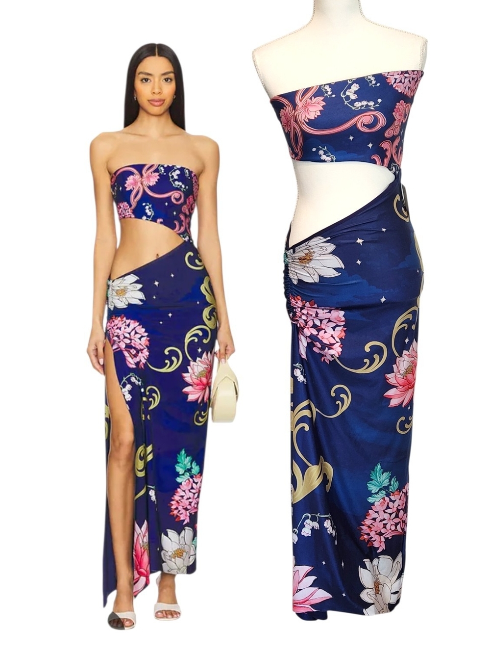 NWT Agua Bendita Revolve Gwen Nacar Maxi Dress Blue Floral Cutout Side Slit S